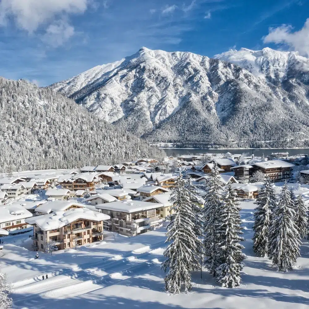 Ein verschneites Dorf mit hohen Kiefern, eingebettet am Fuße einer verschneiten Bergkette.
