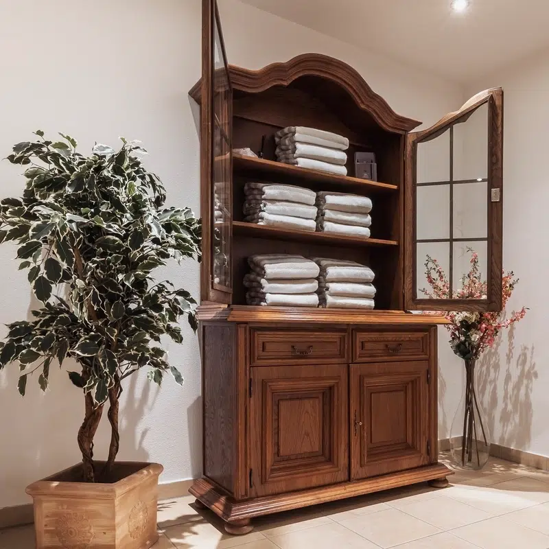 Holzschrank mit gefalteten Handtüchern, daneben Topfpflanzen in einem hellen, gefliesten Raum.