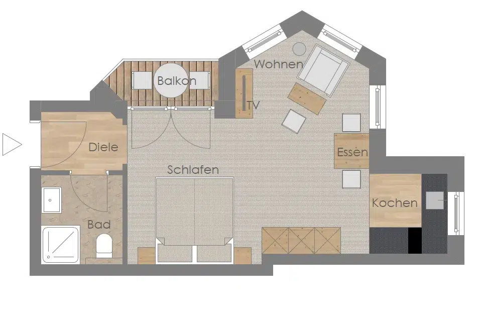 Grundriss einer kleinen Wohnung mit beschrifteten Wohn-, Küchen-, Schlaf-, Bad- und Balkonbereichen.
