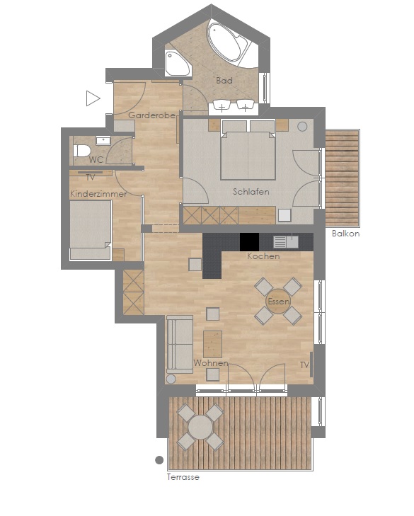 Grundriss einer Wohnung mit Wohn-, Ess-, Küchen-, Schlaf-, Bad- und Terrassenbereich.